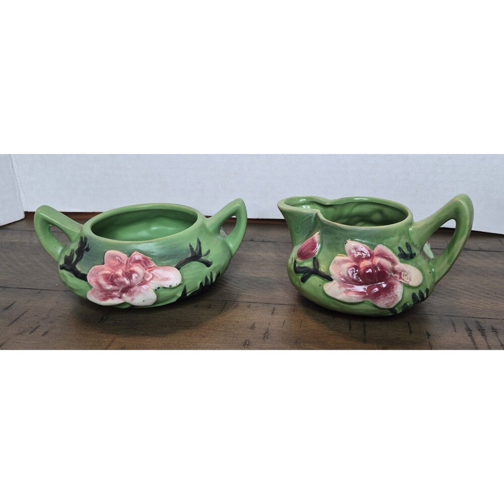 Roseville Pottery Green Magnolia Creamer and Sugar